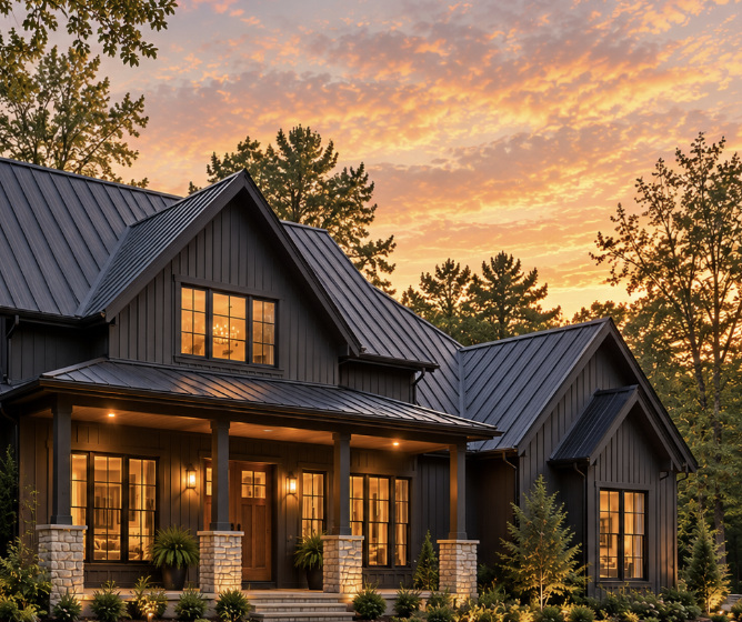 Black modern farmhouse with charcoal standing-seam metal roofing
