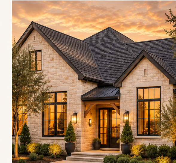 Natural stone home with a dark roof