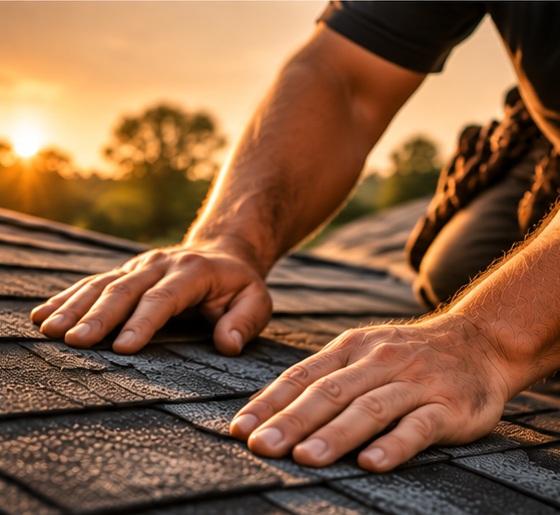Hands carefully checking roof shingles at golden hour