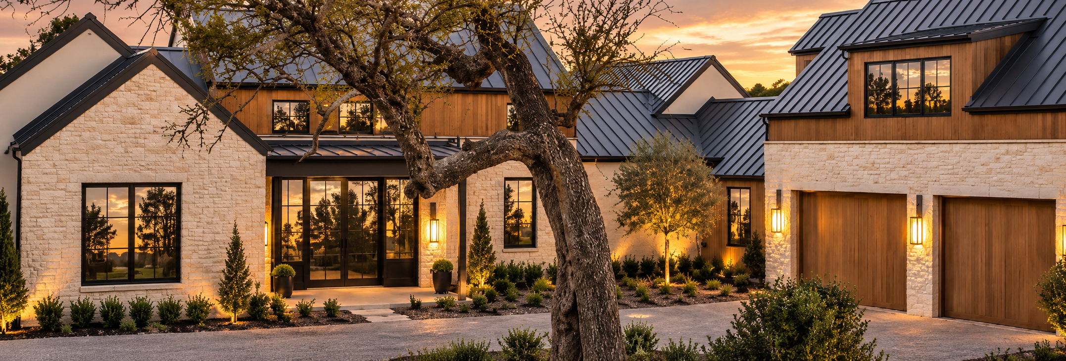 Warm stone home and charcoal roof