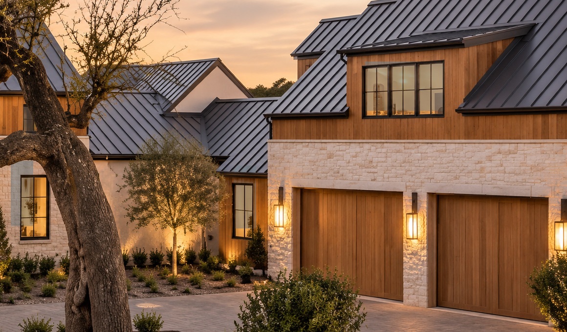 Dark roofing and natural stone at golden hour