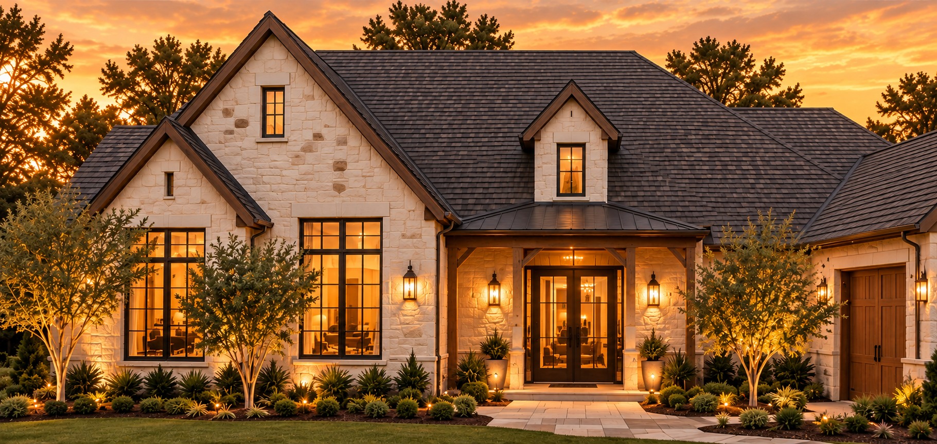 Warm limestone home with charcoal shingle roofing at sunset